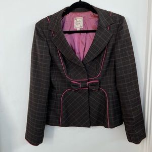 Nanette Lepore brown/pink checkered skirt/blazer suit with bow